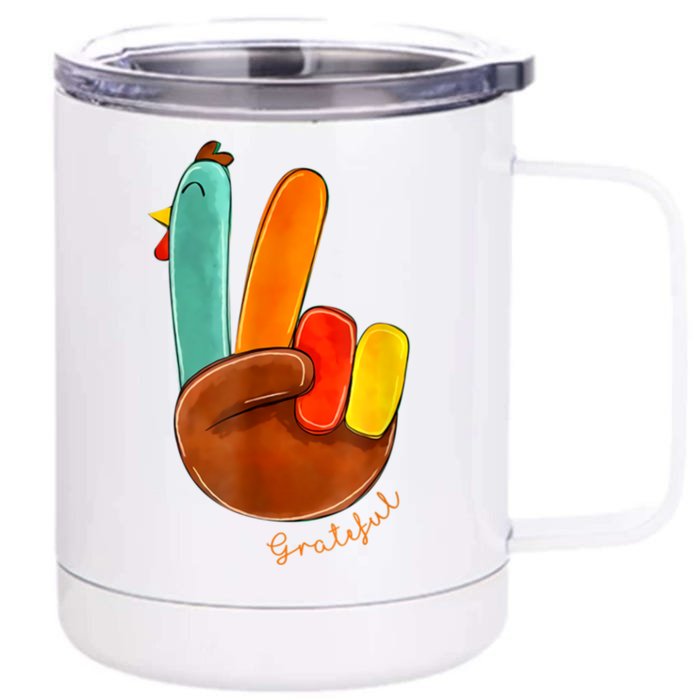 Cute Thanksgiving Turkey Peace Sign Grateful Front & Back 12oz Stainless Steel Tumbler Cup