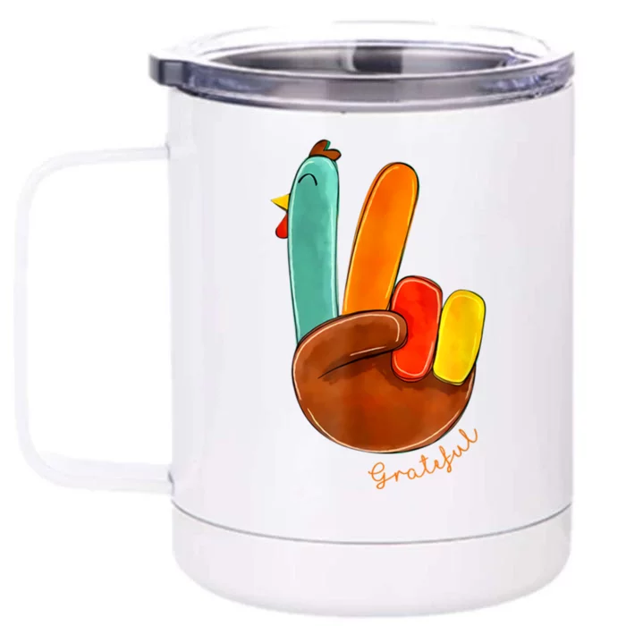 Cute Thanksgiving Turkey Peace Sign Grateful Front & Back 12oz Stainless Steel Tumbler Cup