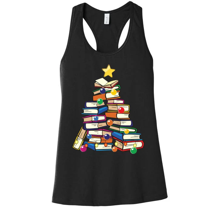 Christmas Tree Teachers Love Reading Books Librarian Nerds Women's Racerback Tank