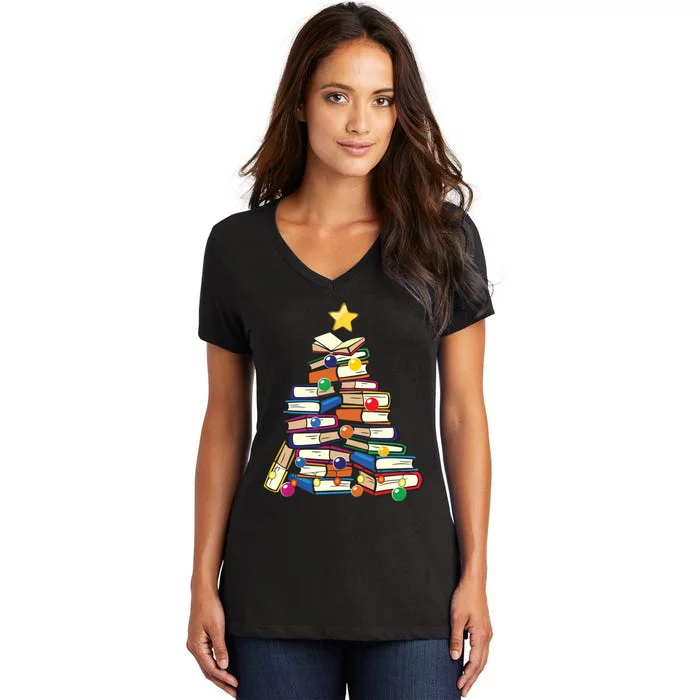 Christmas Tree Teachers Love Reading Books Librarian Nerds Women's V-Neck T-Shirt