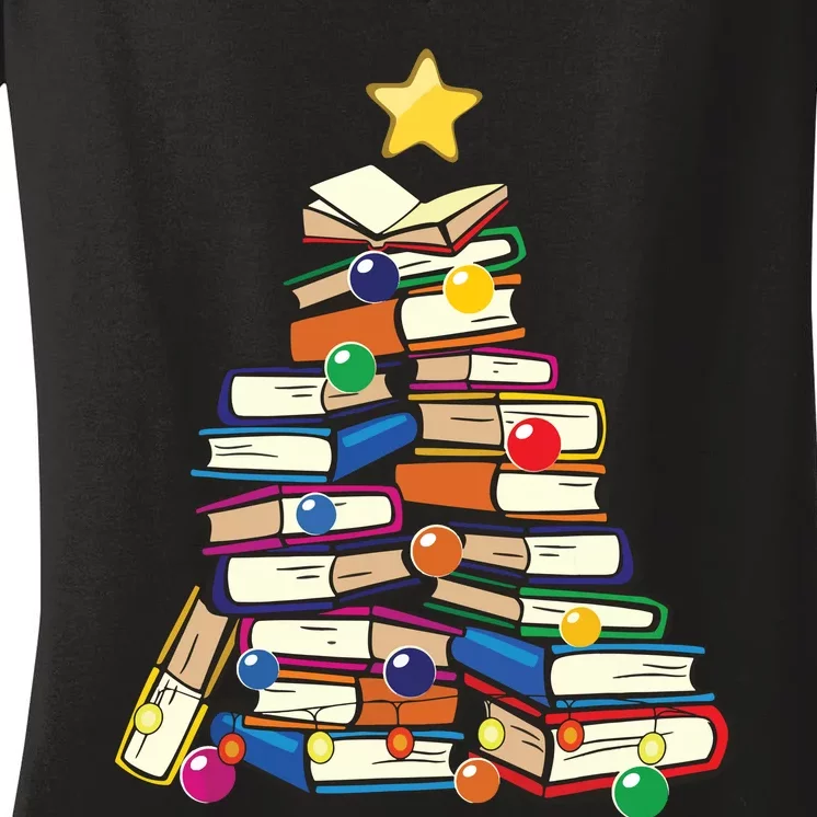 Christmas Tree Teachers Love Reading Books Librarian Nerds Women's V-Neck T-Shirt