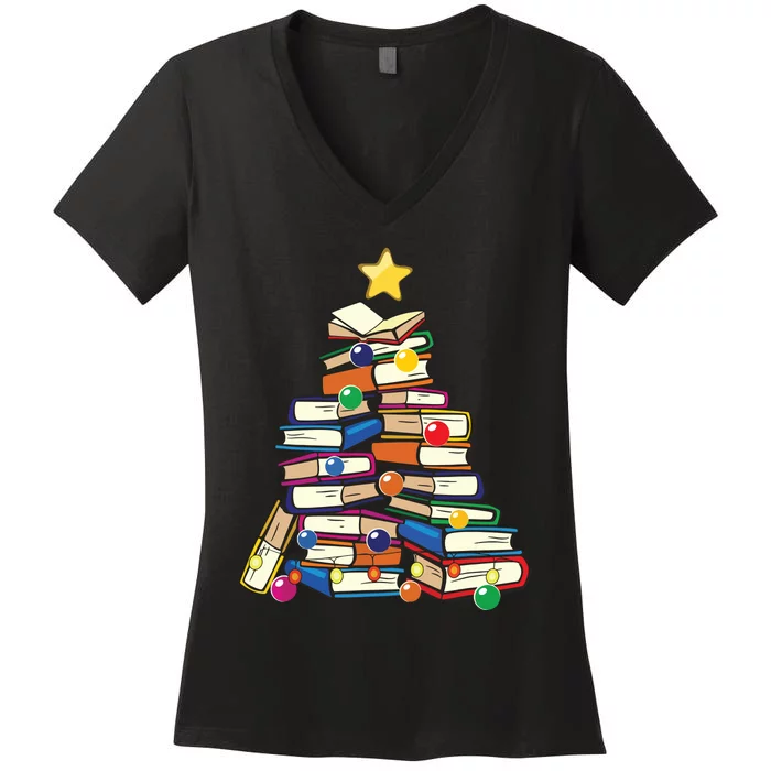 Christmas Tree Teachers Love Reading Books Librarian Nerds Women's V-Neck T-Shirt