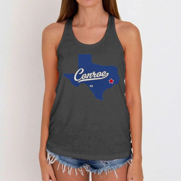 Conroe Texas TX Map Women's Knotted Racerback Tank