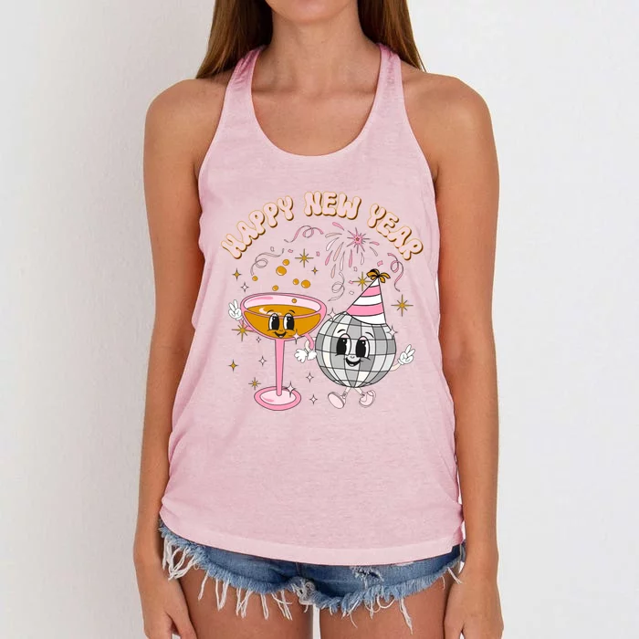 Cheers To The New Year Happy 2024 Retro Groovy Disco Balls Gift Women's Knotted Racerback Tank