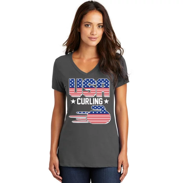 Cool Team USA Curling Flag Logo Sports Fan Women's V-Neck T-Shirt