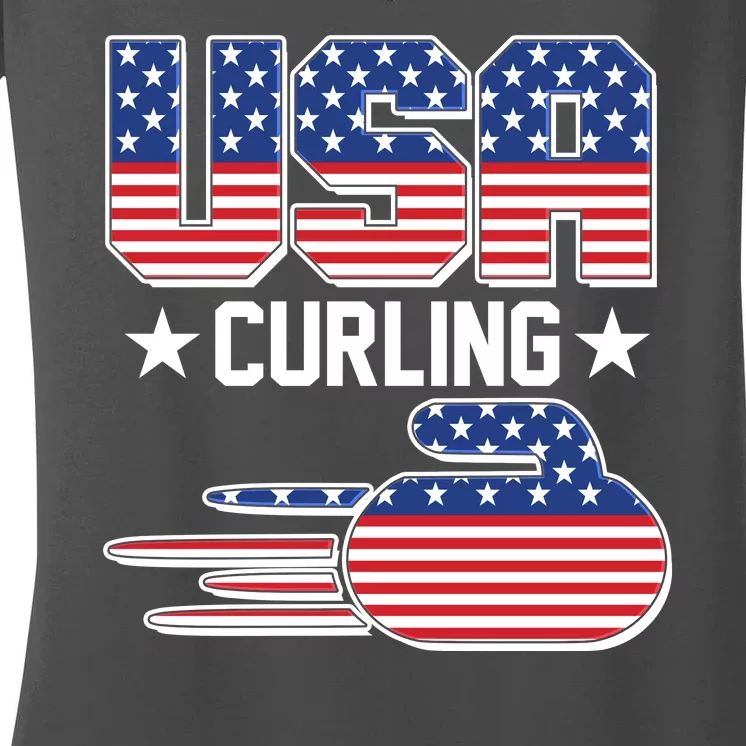 Cool Team USA Curling Flag Logo Sports Fan Women's V-Neck T-Shirt