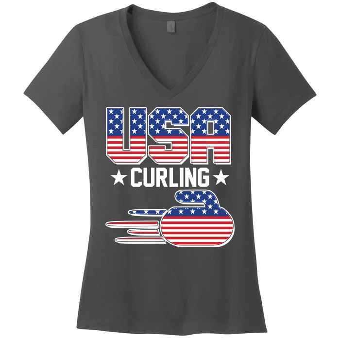 Cool Team USA Curling Flag Logo Sports Fan Women's V-Neck T-Shirt