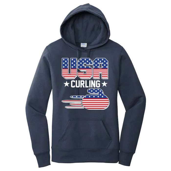 Cool Team USA Curling Flag Logo Sports Fan Women's Pullover Hoodie