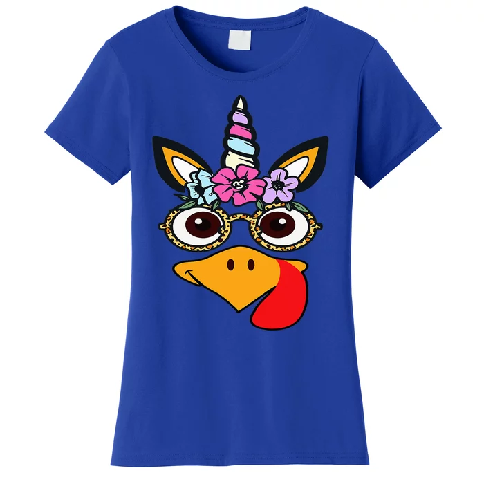 Cute Turkey Unicorn Face Family Glasses Thanksgiving Funny Women's T-Shirt