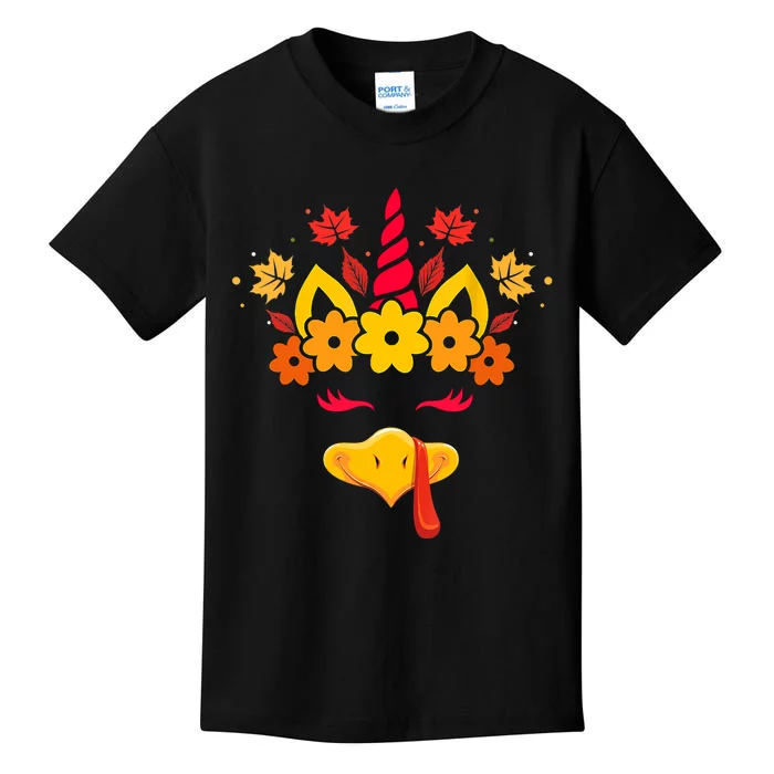 Cute Turkey Unicorn Face Girls Funny Thanksgiving Autumn Kids T-Shirt