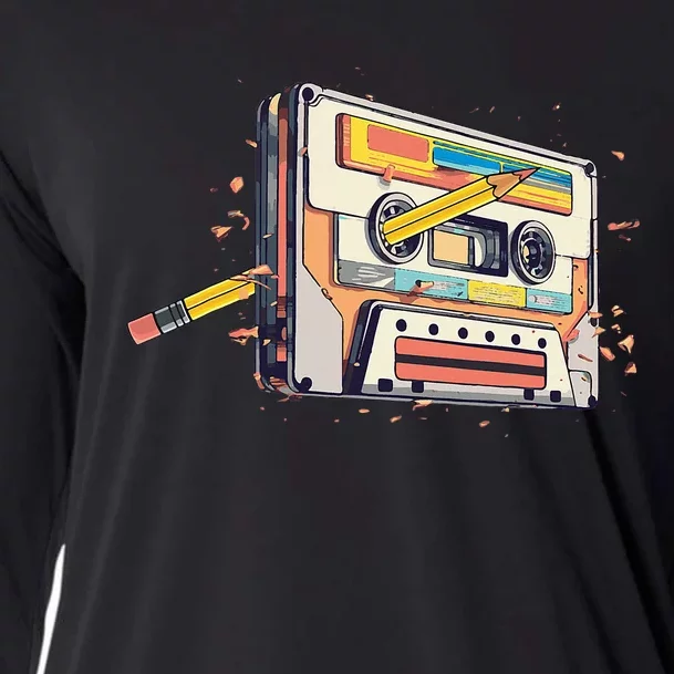 Cassette Tape Vintage Pencil 70s 80s 90s Classic Music Cooling Performance Long Sleeve Crew