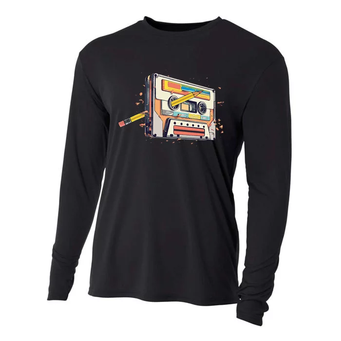 Cassette Tape Vintage Pencil 70s 80s 90s Classic Music Cooling Performance Long Sleeve Crew