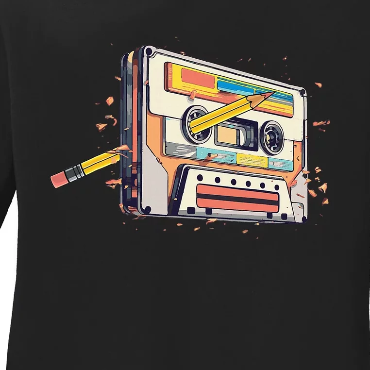 Cassette Tape Vintage Pencil 70s 80s 90s Classic Music Ladies Long Sleeve Shirt