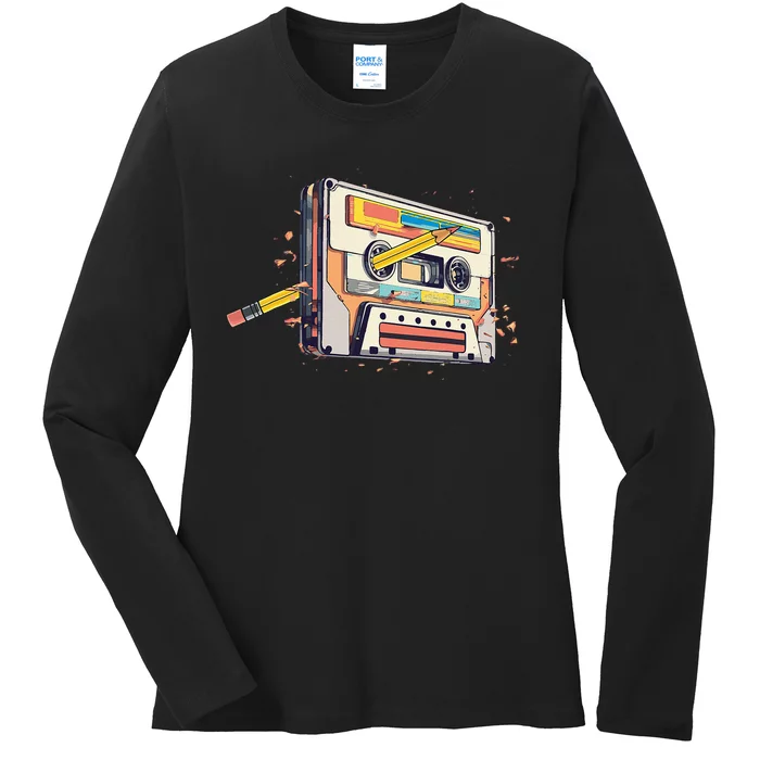 Cassette Tape Vintage Pencil 70s 80s 90s Classic Music Ladies Long Sleeve Shirt