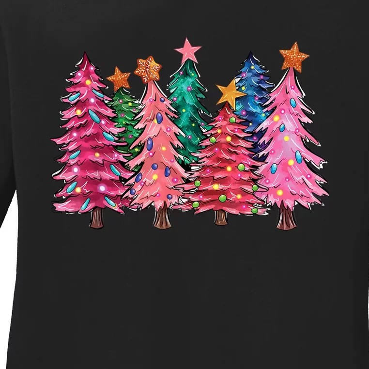 Christmas Tree With Led Light Pine Tree Xmas Light Camping Ladies Long Sleeve Shirt