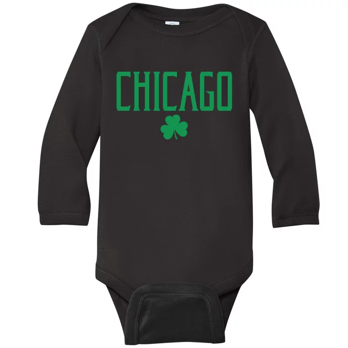 Chicago Text With Irish Shamrock Green Print Gift Baby Long Sleeve Bodysuit