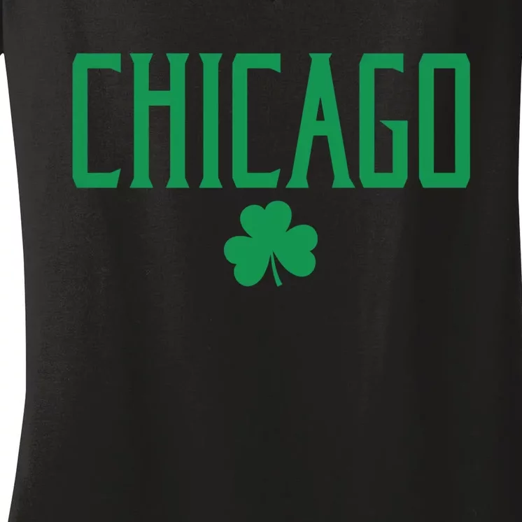 Chicago Text With Irish Shamrock Green Print Gift Women's V-Neck T-Shirt