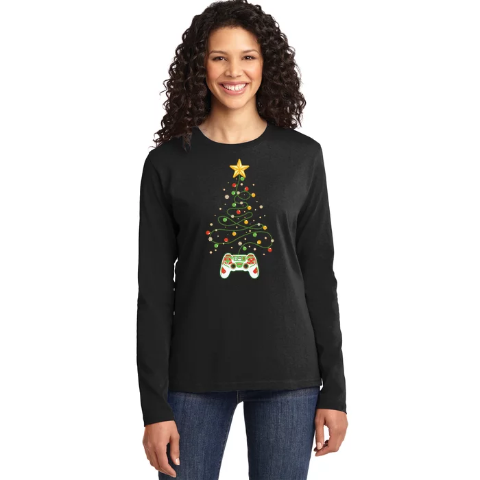 Christmas Tree Winter Theme Video Game Controller Ladies Long Sleeve Shirt