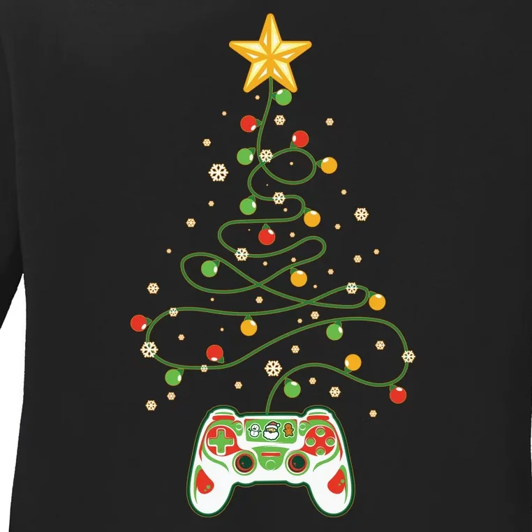 Christmas Tree Winter Theme Video Game Controller Ladies Long Sleeve Shirt