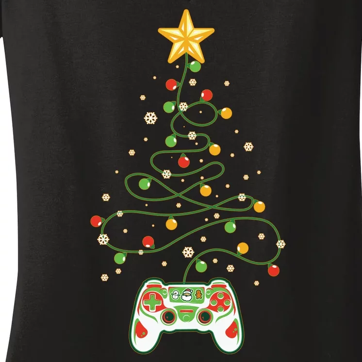 Christmas Tree Winter Theme Video Game Controller Women's V-Neck T-Shirt