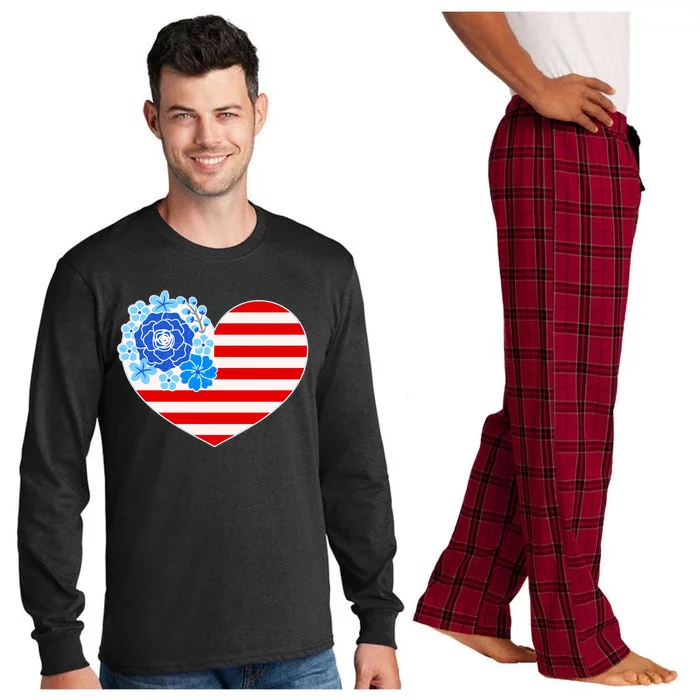 Cute USA American Flag Flower Heart Long Sleeve Pajama Set