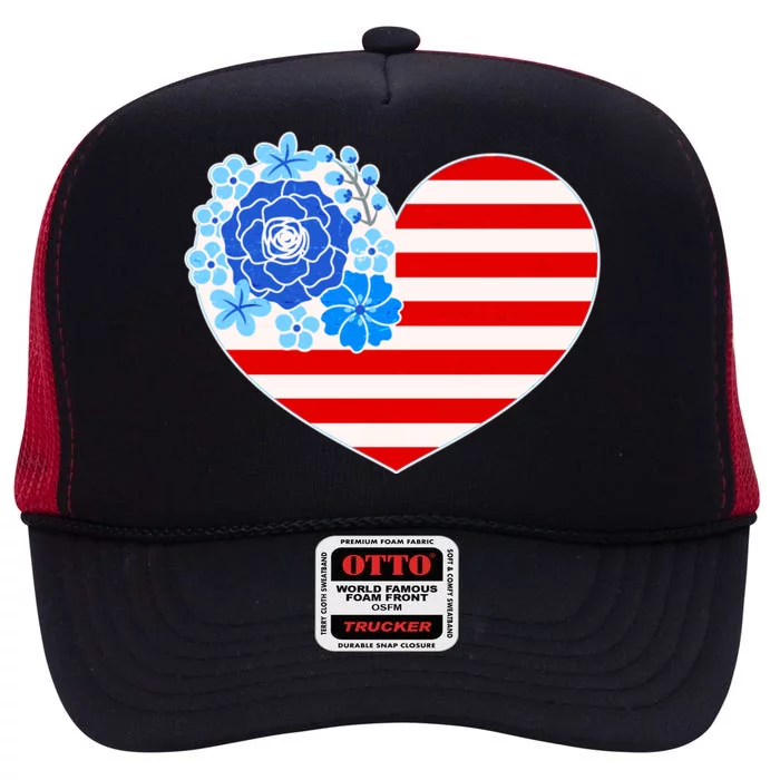 Cute USA American Flag Flower Heart High Crown Mesh Trucker Hat