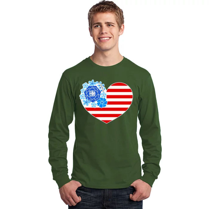 Cute USA American Flag Flower Heart Long Sleeve Shirt