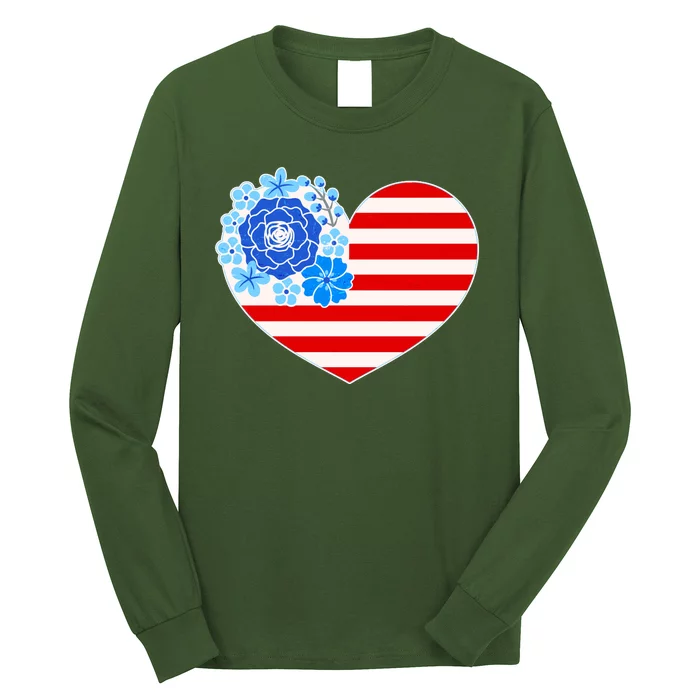 Cute USA American Flag Flower Heart Long Sleeve Shirt