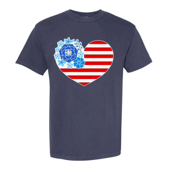 Cute USA American Flag Flower Heart Garment-Dyed Heavyweight T-Shirt