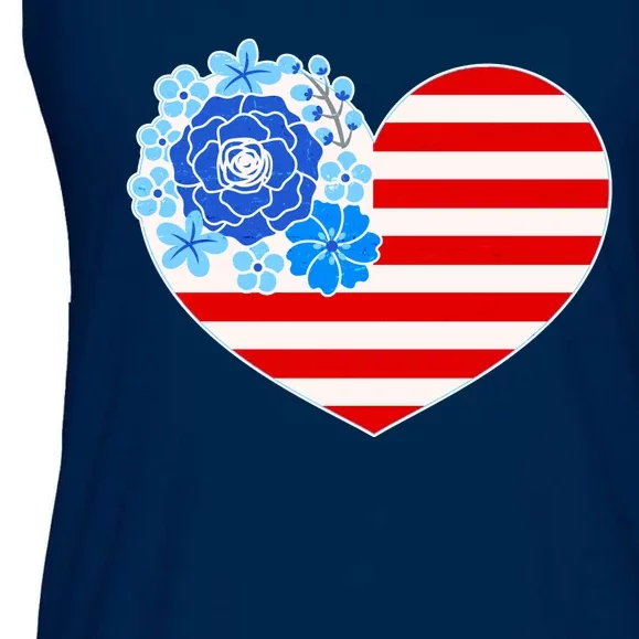 Cute USA American Flag Flower Heart Ladies Essential Flowy Tank