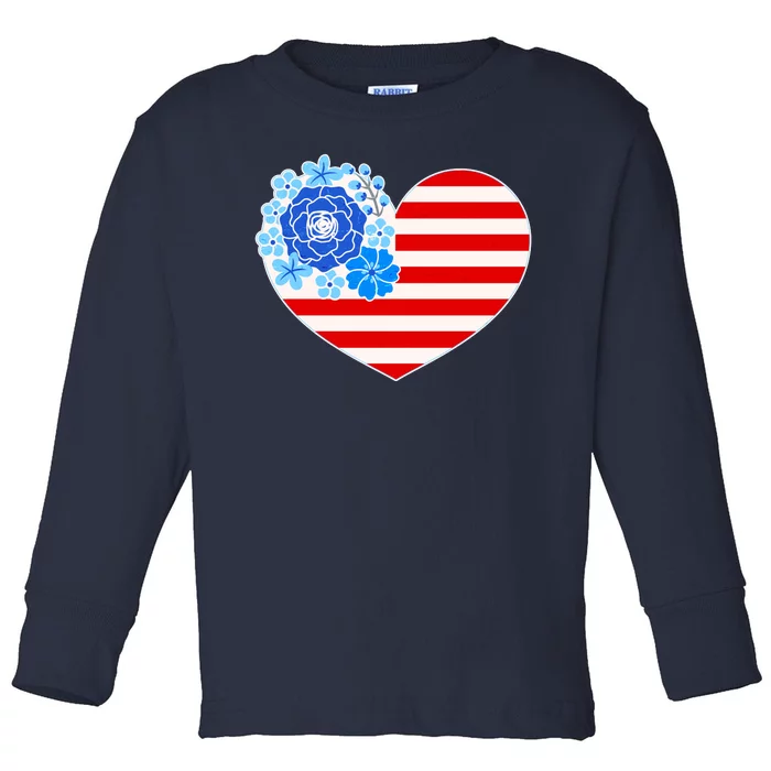 Cute USA American Flag Flower Heart Toddler Long Sleeve Shirt