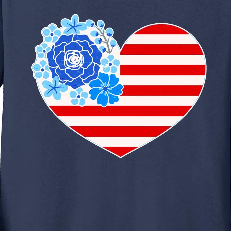 Cute USA American Flag Flower Heart Kids Long Sleeve Shirt