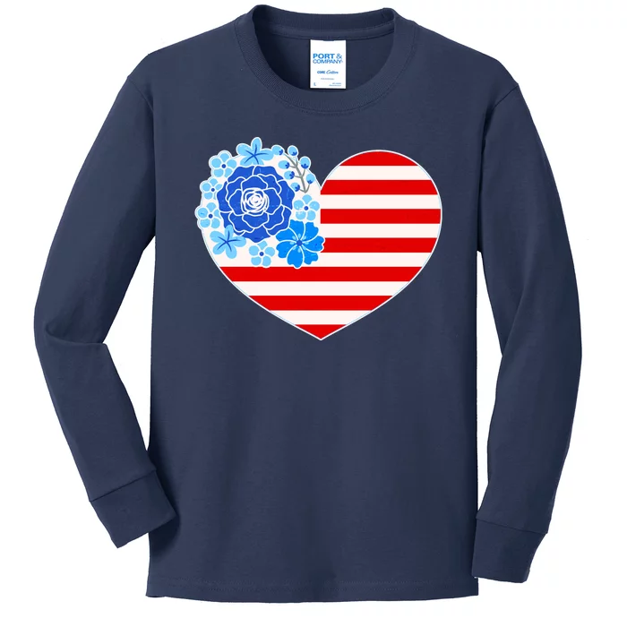 Cute USA American Flag Flower Heart Kids Long Sleeve Shirt