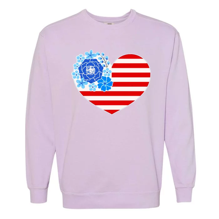 Cute USA American Flag Flower Heart Garment-Dyed Sweatshirt