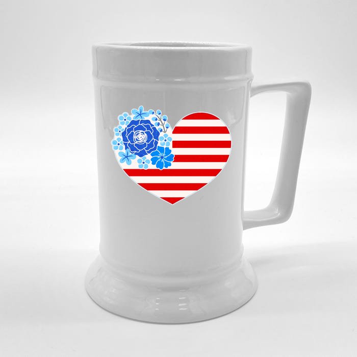 Cute USA American Flag Flower Heart Front & Back Beer Stein