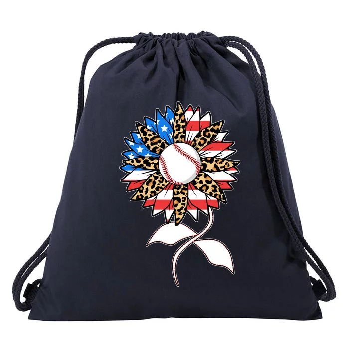 Cute USA American Flag Baseball Sunflower Drawstring Bag