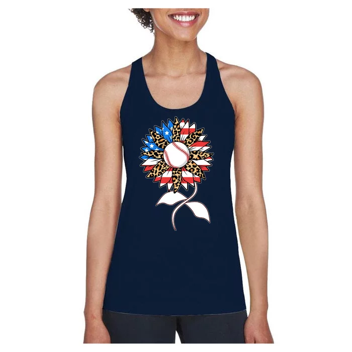 Cute USA American Flag Baseball Sunflower Women's Racerback Tank