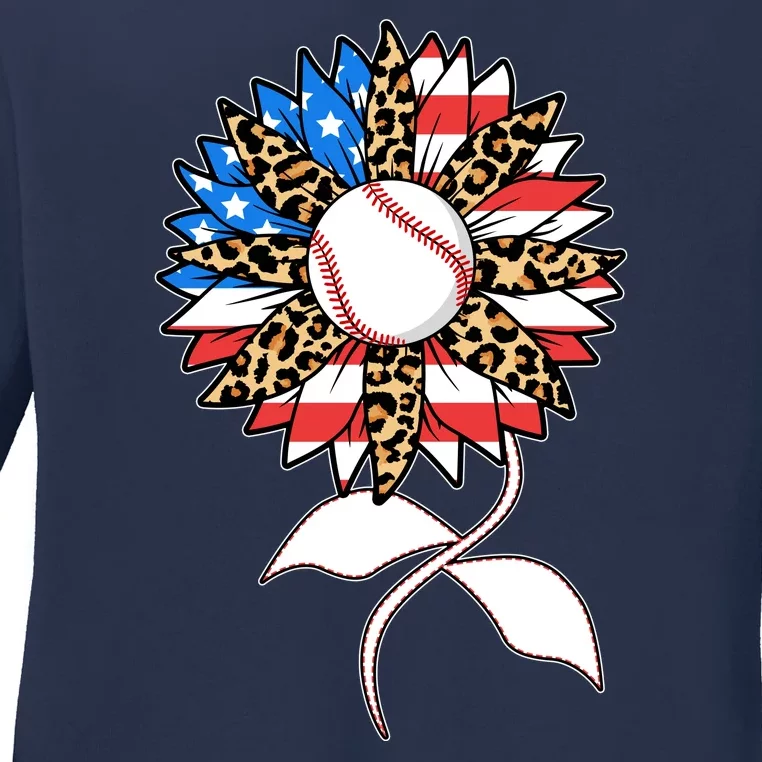 Cute USA American Flag Baseball Sunflower Ladies Long Sleeve Shirt