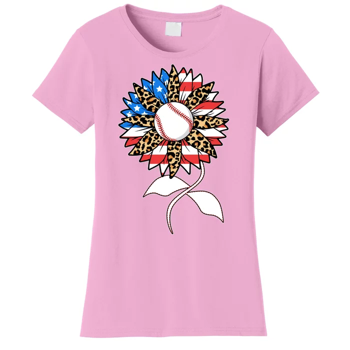 Cute USA American Flag Baseball Sunflower Women's T-Shirt