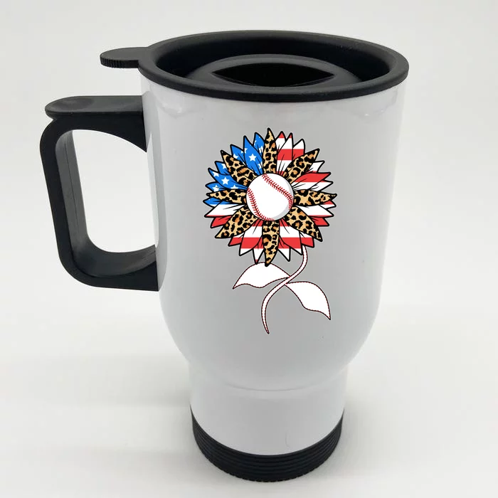 Cute USA American Flag Baseball Sunflower Front & Back Stainless Steel Travel Mug