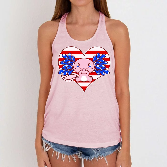 Cute USA American Flag Axolotl Women's Knotted Racerback Tank