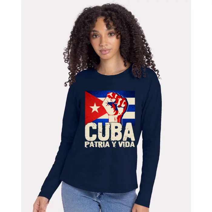 Cuba Patria Y Vida Cuban Flag Protest Fist Womens Cotton Relaxed Long Sleeve T-Shirt