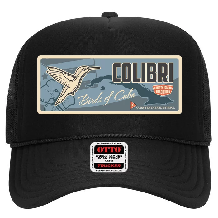 Cuba Travel Retro Banner Bird Watching Colibri High Crown Mesh Trucker Hat