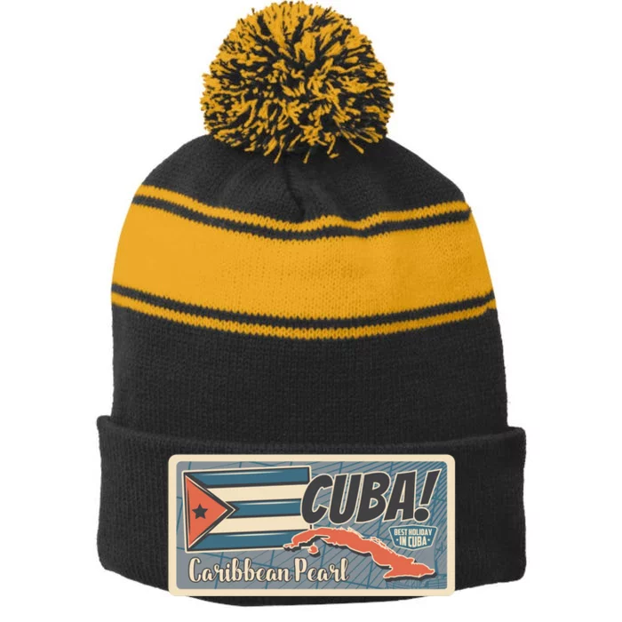 Cuba Travel Retro Banner Caribbean Pearl Stripe Pom Pom Beanie