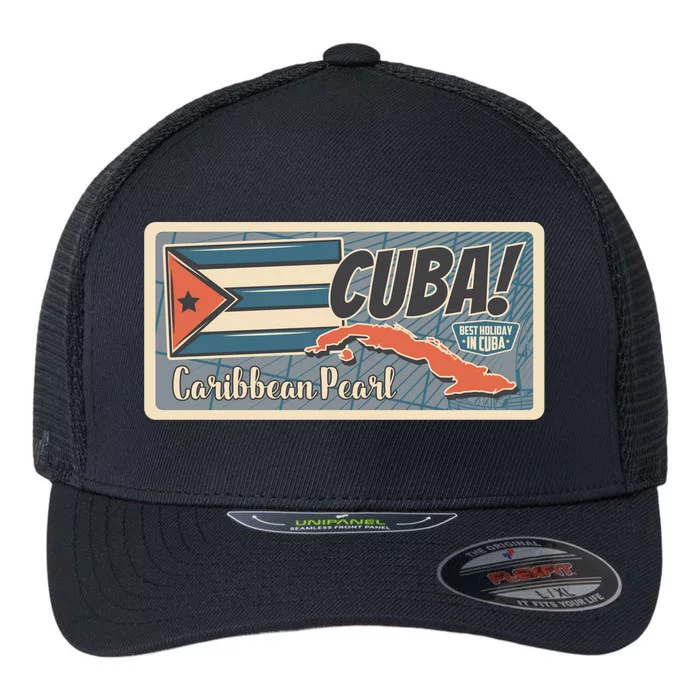 Cuba Travel Retro Banner Caribbean Pearl Flexfit Unipanel Trucker Cap