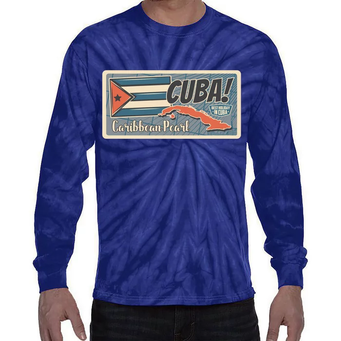 Cuba Travel Retro Banner Caribbean Pearl Tie-Dye Long Sleeve Shirt