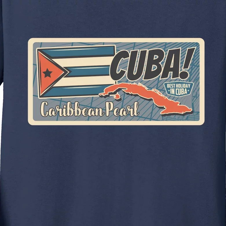 Cuba Travel Retro Banner Caribbean Pearl Kids Long Sleeve Shirt