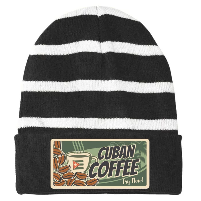 Cuba Travel Retro Banner Cuban Coffee Striped Beanie with Solid Band