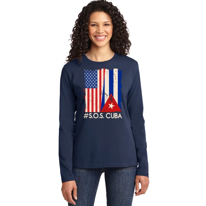 Cuba USA Flags United #S.O.S.CUBA Ladies Long Sleeve Shirt