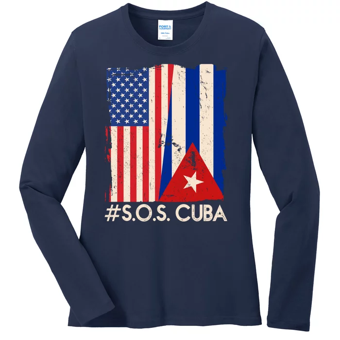 Cuba USA Flags United #S.O.S.CUBA Ladies Long Sleeve Shirt